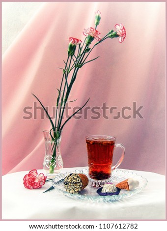 Spring breakfast and bouquet of carnations
