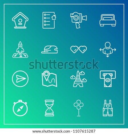 Modern, simple vector icon set on gradient background with estate, eiffel, cash, clock, compass, fan, east, atm, document, home, real, tower, road, work, france, ventilator, communication, email icons