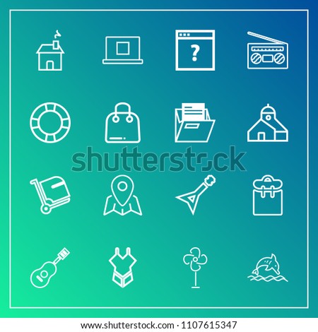 Modern, simple vector icon set on gradient background with building, internet, guitar, fan, people, page, white, house, air, concert, audio, animal, estate, music, profile, fashion, sign, sound icons