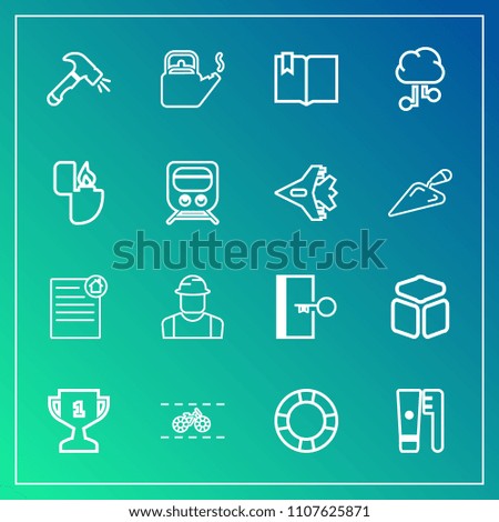 Modern, simple vector icon set on gradient background with winner, summer, achievement, kettle, hygiene, open, first, inflatable, clean, book, sign, water, place, construction, bicycle, contract icons