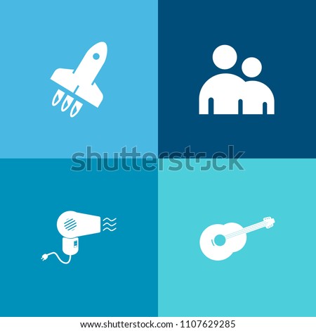 Modern, simple vector icon set on colorful background with music, travel, barber, launch, musician, ship, technology, rocket, figure, rock, businessman, sign, speed, future, male, hairdresser icons