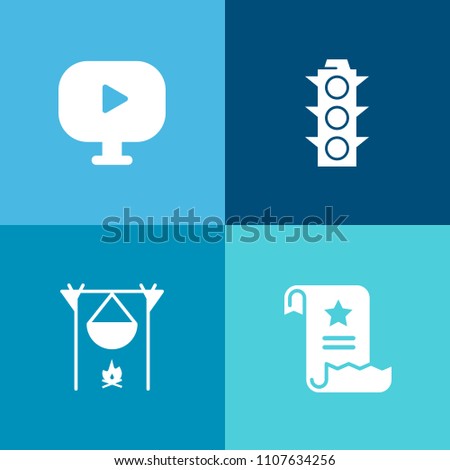 Modern, simple vector icon set on colorful background with flame, light, business, internet, music, bonfire, digital, firewood, page, media, lamp, video, safety, button, web, player, stop, color icons