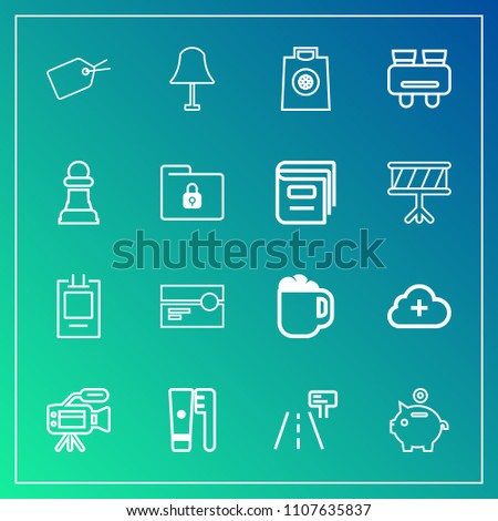Modern, simple vector icon set on gradient background with internet, hygiene, tripod, cloud, badge, sign, care, add, buy, label, spy, brush, finance, retail, health, fashion, investment, lens icons