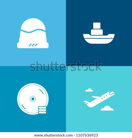 Modern, simple vector icon set on colorful background with tourism, style, plane, water, sport, trip, aircraft, boat, industry, departure, cd, transportation, disk, wear, record, headwear, blank icons