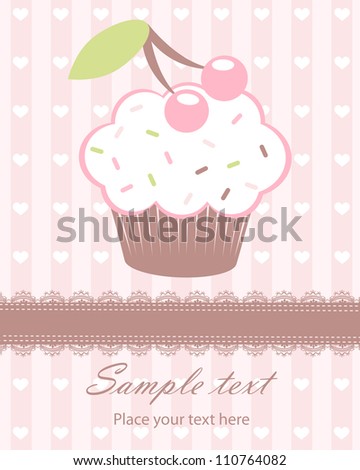 Cute baby girl arrival announcement card with cupcake
