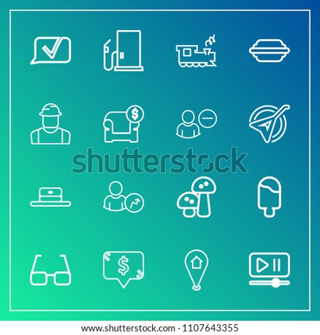 Modern, simple vector icon set on gradient background with pin, web, fuel, worker, account, communication, square, fashion, price, eye, white, hat, map, eyeglasses, gasoline, head, video, train icons