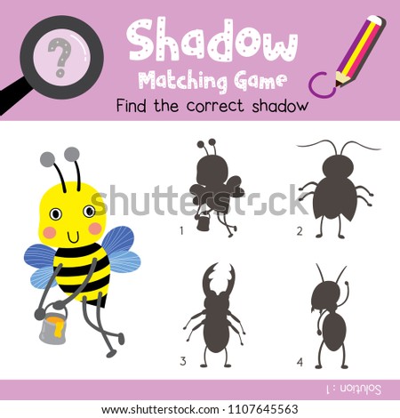 Shadow matching game of Big Bee flying with jar of honey animals for preschool kids activity worksheet colorful version. Vector Illustration.