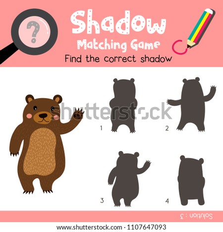 Shadow matching game of Standing Bear raising hand animals for preschool kids activity worksheet colorful version. Vector Illustration.