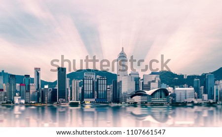 Victoria harbor in Hong Kong under beautiful sky and reflection  with high dynamic range effect