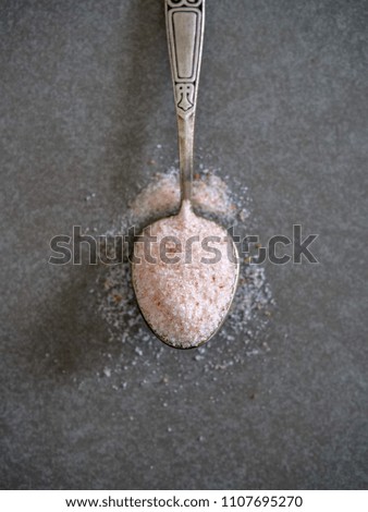 Dry herbs and spices in vintage silver teaspoons. Flat lay of pink Himalayan salt on gray background.