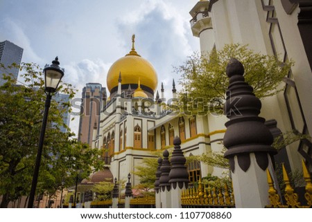 Masjid sultan in singapore with blue sky. Landscape of famous landmark arab temple in business district.