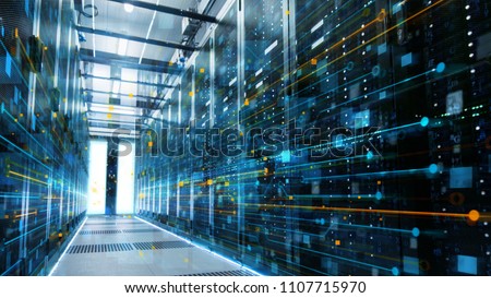 Shot of a Working Data Center With Rows of Rack Servers Connected with Ethernet Connection Visualisation Lines. Royalty-Free Stock Photo #1107715970