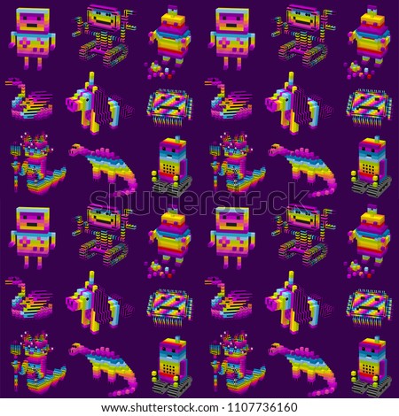 A set of different digital characters. Rainbow robots,unicorn and monster,swan,dinosaur, processor.Vector isometric, pixel art ,pink cubes,digital game style.Purple pattern for textile