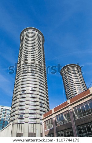 Beautiful architecture of modern building and blue sky in downtown Seattle,Washington state USA.