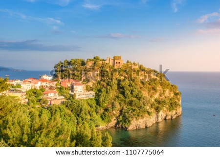 Aerial view of the historial castle of Parga, Greece. Located on the top of a hill overlooking the town, it was used to protect the town from the pirates and the Turks, from the mainland and the sea.