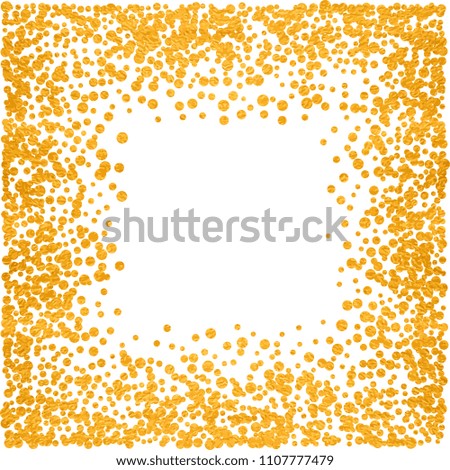 Square gold frame or border with glitter particles effect. Golden dust sparkling texture. Use for banner, greeting and Christmas card, postcard, wedding invitation. Vector illustration.