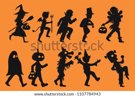 Set of children vector in halloween day.Children silhouette on orange background. Royalty-Free Stock Photo #1107784943