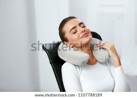 Travel Pillow. Woman With Pillow On Neck. Royalty-Free Stock Photo #1107788189
