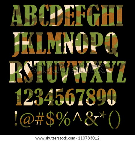Military camouflage textured ABC containing letters, numbers, signs and symbols isolated on black background