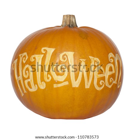 Picture of a pumpkin, with Halloween cut in the surface Isolated, white background