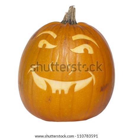 Picture of a pumpkin, with a scary face cut in the surface Isolated, white background