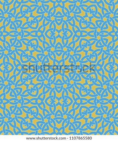 Abstract seamless pattern with celtic knot ornament of golden and blue shades