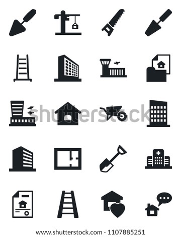 Set of vector isolated black icon - airport building vector, office, trowel, shovel, ladder, wheelbarrow, saw, hospital, house, plan, estate document, sweet home, city, crane, message