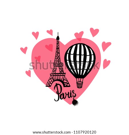 Vector hand draw Air Balloon and Paris Eiffel Tower isolated on pink heart and white background