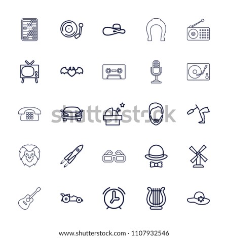 Retro icon. collection of 25 retro outline icons such as mill, man hairstyle, woman hat, tv, observatory, devil heart with wings. editable retro icons for web and mobile.
