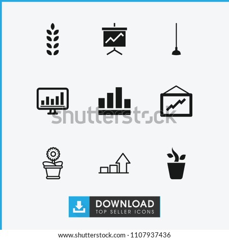 Growth icon. collection of 9 growth filled and outline icons such as graph, hoe, chart, flower pot, graph on board, plant. editable growth icons for web and mobile.