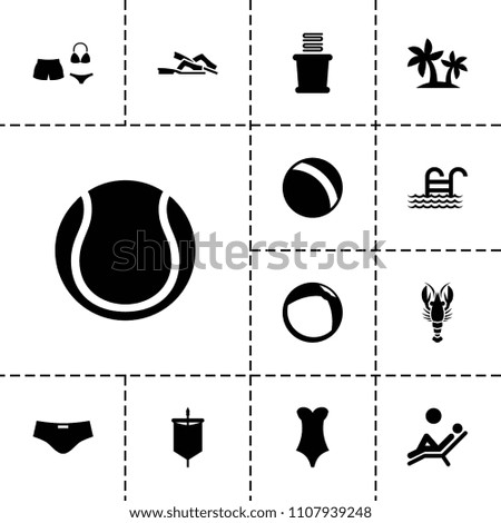 Beach icon. collection of 13 beach filled icons such as ball, towels, pool ladder, man laying in the sun, man swim wear, sail, crab. editable beach icons for web and mobile.