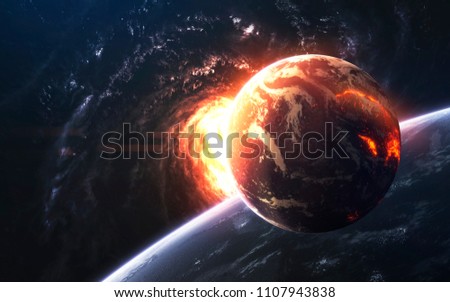 Planets in front of glowing galaxy, awesome science fiction wallpaper. Elements of this image furnished by NASA