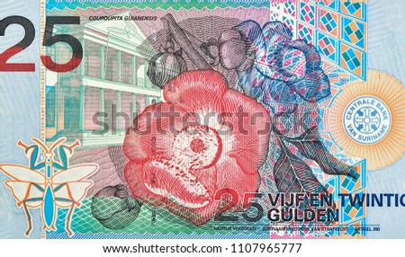 Featured flower, Cannonball Tree flower (Couroupita guianensis). Portrait form Suriname 25 Gulden 2000 Banknotes.