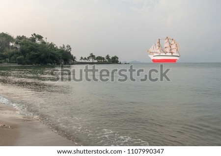Sailboats from the red background, sea clipingpart