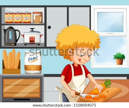 Young boy cooking in the kitchen  illustration