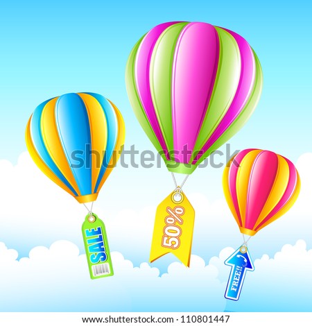 illustration of sale tag in hot air balloon flying in sky