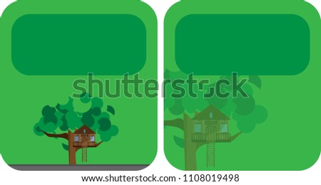 Colorful banners with wooden house on a tree