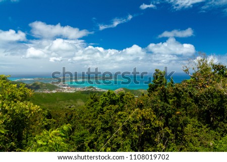 View from the Pic Paradis,highest point of the island St. Martin in Caribbean, West Indies on the town Marigot. The Capital of the French side of island. 