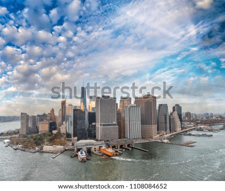 Helicopter view of Downtown Manhattan and East River.