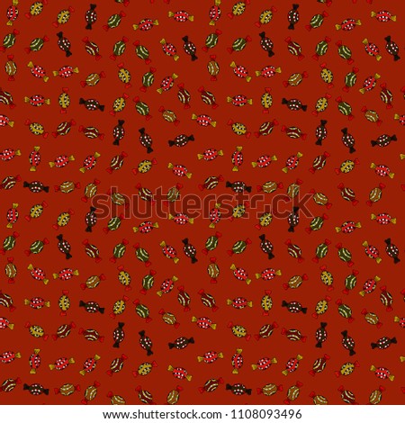 Candies on brown, red and black colors. Vector. Cute cartoon colorful seamless vector pattern with candies and cotton candy.