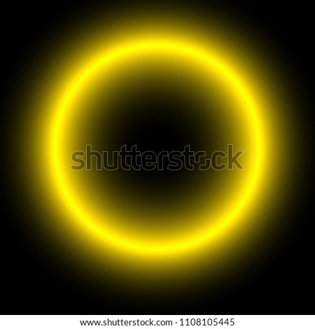 Yellow blurred glowing circle on black background. Sun. Sunlight. Sunburst. Abstract illustration with shiny lights. Blur neon round object. Background with shining flares