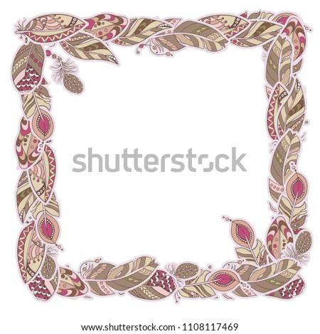Square decor element in a shape of a frame in vector graphic with feathers in tribal ornamental style in pink and brown pastel colors
