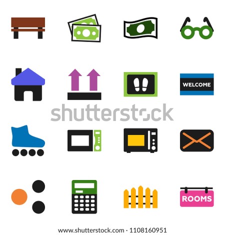 solid vector ixon set - welcome mat vector, microwave oven, glasses, calculator, cash, roller Skates, money, top sign, mail, share, home, bench, fence, rooms signboard