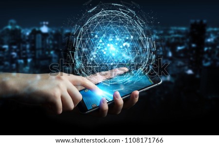Businessman on blurred background using digital triangle exploding sphere hologram 3D rendering