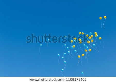 colored balloons rise to the clear sky