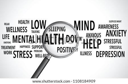 mental health words background magnifying glass