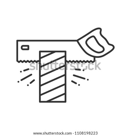Tenon saw cutting wooden plank linear icon. Thin line illustration. Contour symbol. Raster isolated outline drawing