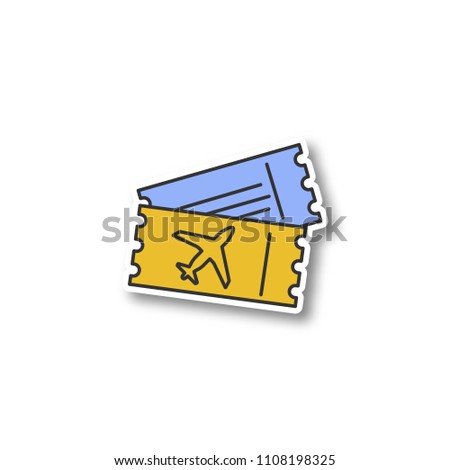 Airplane tickets patch. Airline boarding pass documents. Color sticker. Raster isolated illustration