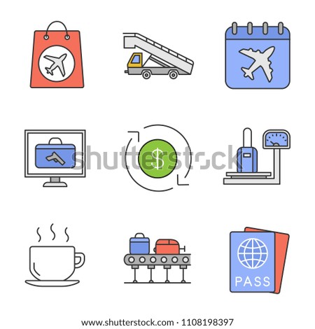Airport service color icons set. Duty free, stair truck, flight date, baggage scanner and scales, refund, hot drink, luggage carousel, passport. Isolated raster illustrations