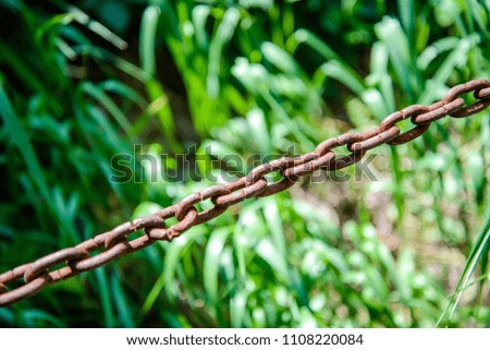Rusty stretched chain on a background of green grass